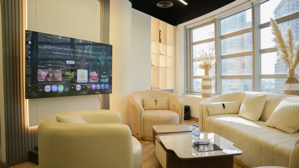 The office lounge with a view of Business Bay